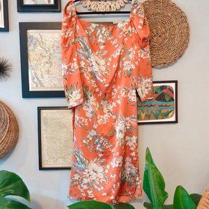 Orange Floral Print Tie Back Midi w/ Puff Sleeves